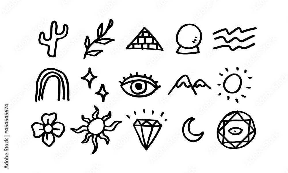 Poster set of hand drawn illustration of boho style icon. simple and minimal vector design for element deco