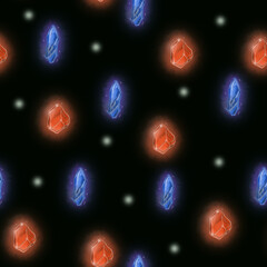 Jewel stones raster seamless pattern. Blue and red gems on black field.