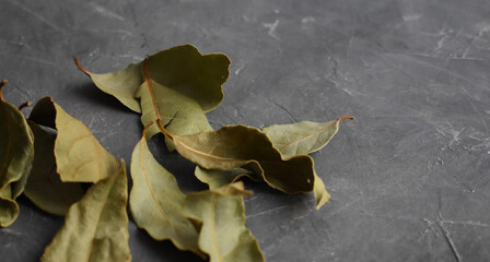 Varias hojas secas de laurel sobre la mesa 