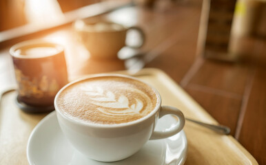 hot coffee cup on table at morning, relax time, latte coffee