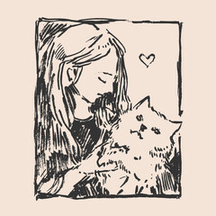 Cat and girl. Illustration with a pet.
