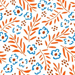 Simple vector floral seamless pattern in rural style. Small blue flowers, orange-brown twigs, leaves on a white background. For prints of textile product, wrapping paper, clothing, bedding, stationery