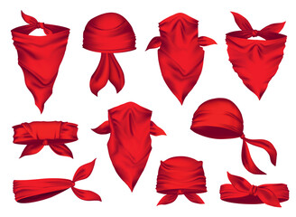 Red realistic bandana on neck and head set. Youth fashion neck scarf or cowboy garment element template. Biker face scarf, bandanna neck shawl. Blank handkerchief unisex uniform. Western clothes - obrazy, fototapety, plakaty
