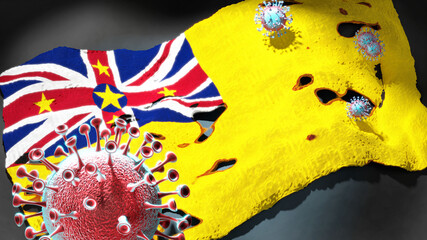 Covid in Niue - coronavirus attacking a national flag of Niue as a symbol of a fight and struggle with the virus pandemic in this country, 3d illustration