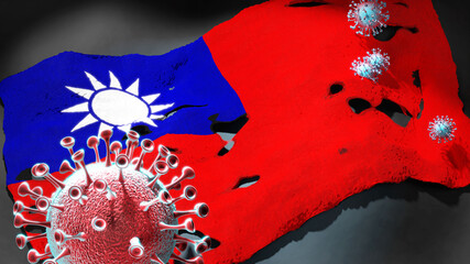 Covid in Taiwan Province of China - coronavirus attacking a national flag of Taiwan Province of China as a symbol of a fight and struggle with the virus pandemic in this country, 3d illustration