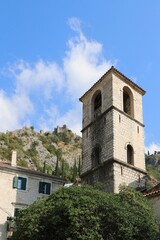 montenegro, kotor, church, tower, religion, cathedral, city, view, travel, mountain, town, europe, summer, building, architecture, hill, mountains, mediterranean