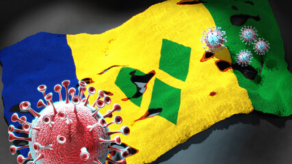 Covid in Saint Vincent and the Grenadines - coronavirus and a flag of Saint Vincent and the Grenadines as a symbol of pandemic in this country, 3d illustration