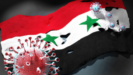 Covid in Syrian Arab Republic - coronavirus attacking a national flag of Syrian Arab Republic as a symbol of a fight and struggle with the virus pandemic in this country, 3d illustration