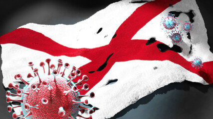 Covid in Alabama - coronavirus attacking a state flag of Alabama as a symbol of a fight and struggle with the virus pandemic in this state, 3d illustration