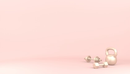 Golden dumbbells and kettlebell on pastel pink background. Female workout concept. 3D rendered illustration.