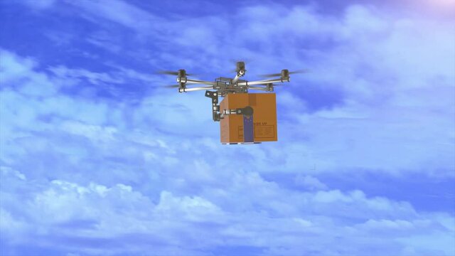 flying delivery drone transporting cardboard box