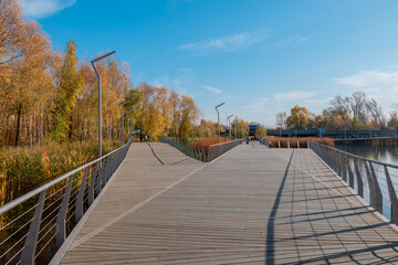A new modern embankment with a wooden deck