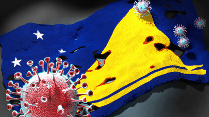 Covid in Tokelau - coronavirus attacking a national flag of Tokelau as a symbol of a fight and struggle with the virus pandemic in this country, 3d illustration