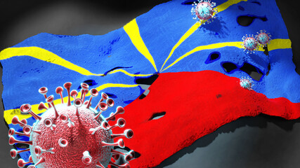 Covid in Reunion - coronavirus attacking a national flag of Reunion as a symbol of a fight and struggle with the virus pandemic in this country, 3d illustration