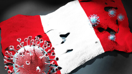 Covid in Peru - coronavirus attacking a national flag of Peru as a symbol of a fight and struggle with the virus pandemic in this country, 3d illustration