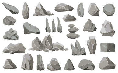 Rock stones and debris of the mountain. Gravel, gray stone, natural wall stones. Collection of stones of various shapes