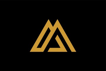 Mountain logo design vector. Triangle abstract illustration symbol. Letter AM outline sign. Gold adventure vector icon.