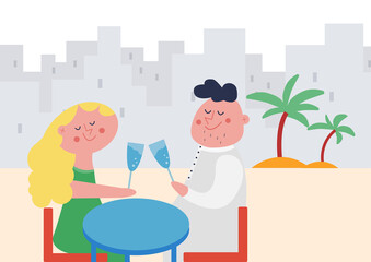 Cartoon couple in love on a romantic date in a restaurant drink wine against the backdrop of the city and palm trees. Restaurant date. Vector illustration