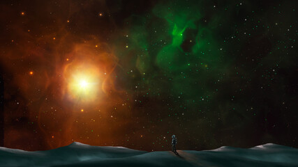 Space background. Astronaut standing on mountain land in colorful nebula. Digital painting, 3D rendering