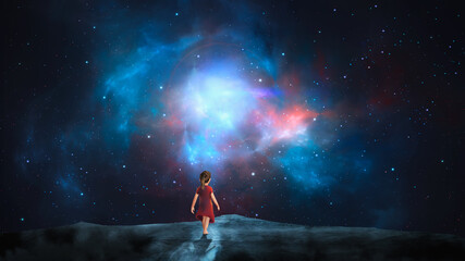 Cute small girl in red dress walk on mountain land with colorful nebula, night sky. Digital painting, 3D rendering