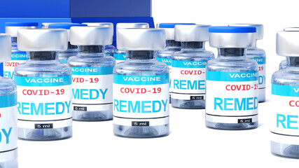 Covid remedy - vaccine bottles with an English label Remedy that symbolize a big human achievement that may end the fight with the coronavirus pandemic, 3d illustration