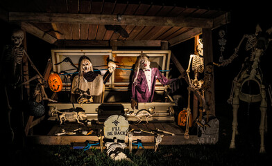 Fototapeta na wymiar Halloween decorations outside at night
