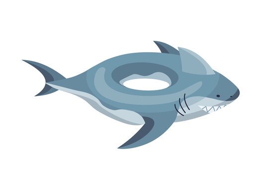 Inflatable swimming ring. Life-ring in pool for summer vacation. Cartoon rubber floating lifesaver in form of cute animal. Funny shark floating ring