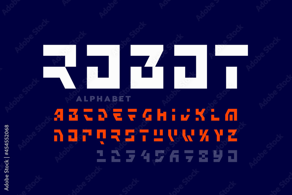 Poster technology style font design, robot alphabet, letters and numbers vector illustration
