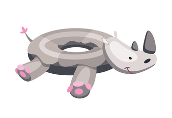 Inflatable swimming ring. Life-ring in pool for summer vacation. Cartoon rubber floating lifesaver in form of cute animal. Funny rhinoceros floating ring