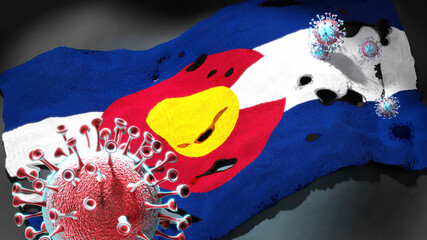 Covid in Colorado - coronavirus attacking a state flag of Colorado as a symbol of a fight and struggle with the virus pandemic in this state, 3d illustration