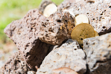 Cryptocurrency concept with bitcoins in bitcoin mine.