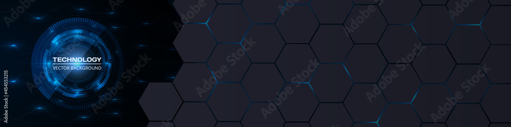 Poster Abstract technology innovation concept background with circuit board HUD interface and hexagon grid. Blue bright energy flashes under hexagon in technology futuristic wide horizontal vector banner.