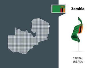 Flag of  Zambia on white background. Dotted map of Zambia with Capital name - Lusaka.