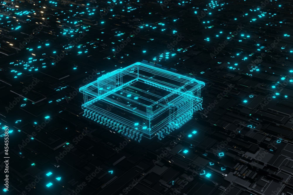 Aufkleber futuristic glowing cpu processor blue light on motherboard circuit board 3d rendering