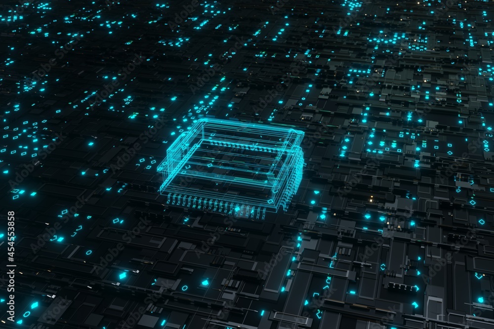 Poster futuristic glowing cpu processor blue light on motherboard circuit board 3d rendering