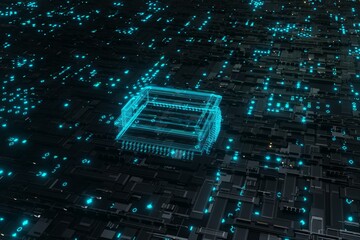 Futuristic glowing CPU processor blue light on Motherboard Circuit board 3D rendering