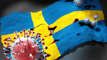 Covid in Sweden - coronavirus attacking a national flag of Sweden as a symbol of a fight and struggle with the virus pandemic in this country, 3d illustration