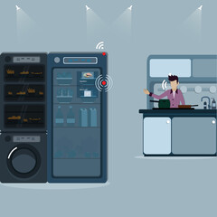 Flat design of intelligence technology,Young man had AI consulted him for cooking - vector