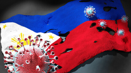 Covid in Philippines - coronavirus attacking a national flag of Philippines as a symbol of a fight and struggle with the virus pandemic in this country, 3d illustration