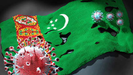 Covid in Turkmenistan - coronavirus attacking a national flag of Turkmenistan as a symbol of a fight and struggle with the virus pandemic in this country, 3d illustration