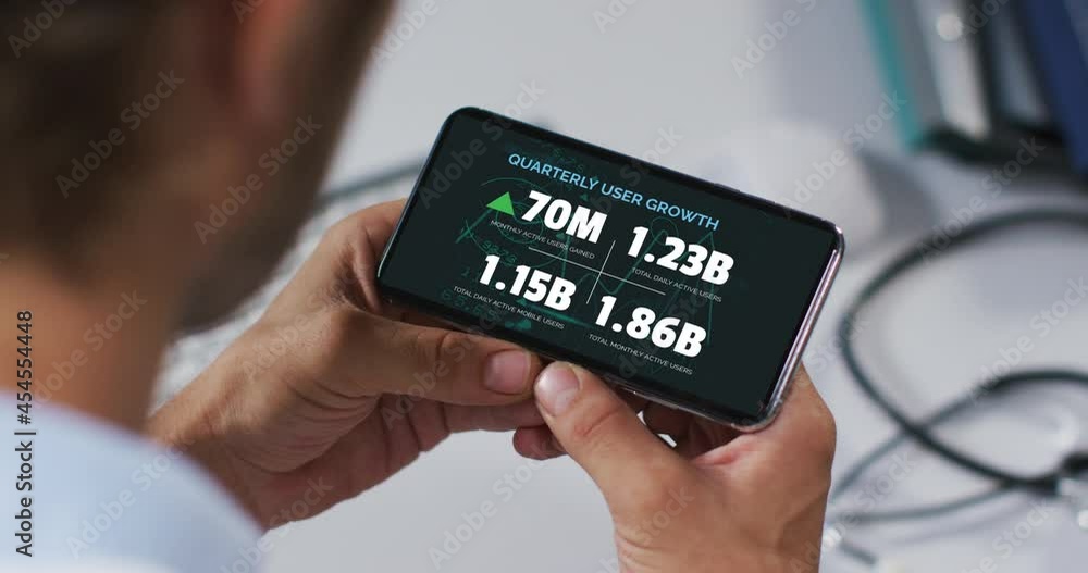Poster hands of caucasian man using smartphone with statistics on screen