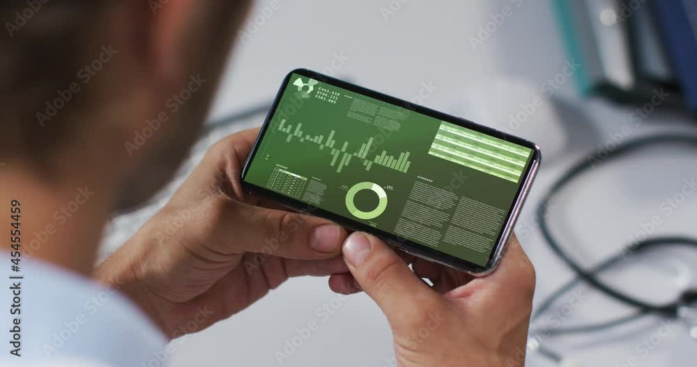 Poster hands of caucasian man using smartphone with statistics on screen