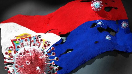 Covid in Sint Maarten Dutch part - coronavirus attacking a national flag of Sint Maarten Dutch part as a symbol of a fight and struggle with the virus pandemic in this country, 3d illustration
