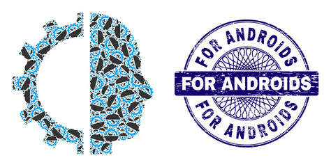 Recursive combination cyborg gear and For Androids round rubber seal. Blue stamp seal includes For Androids tag inside circle and guilloche decoration.