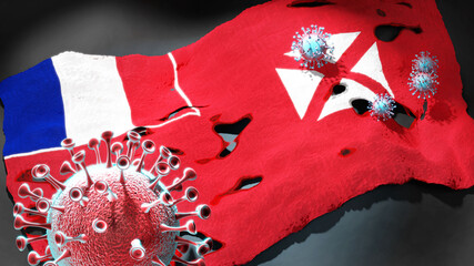 Covid in Wallis and Futuna - coronavirus attacking a national flag of Wallis and Futuna as a symbol of a fight and struggle with the virus pandemic in this country, 3d illustration