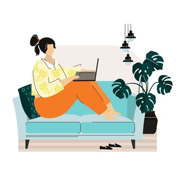 Freelance. The girl works at home online for a laptop. Home work place. Stylish interior. Vector, flat illustration.
