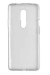 Transparent, protective smartphone case made of elastic silicone. Inside, on a white background, top view