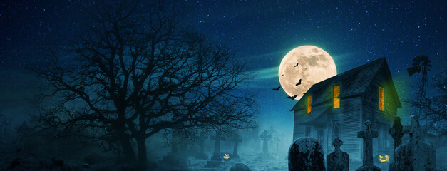 Halloween Wallpaper. Scary house near a cemetery with trees, full moon, bats, fog and pumpkins. ...