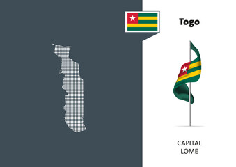 Flag of Togo on white background. Dotted map of Togo with Capital name - Lome. 