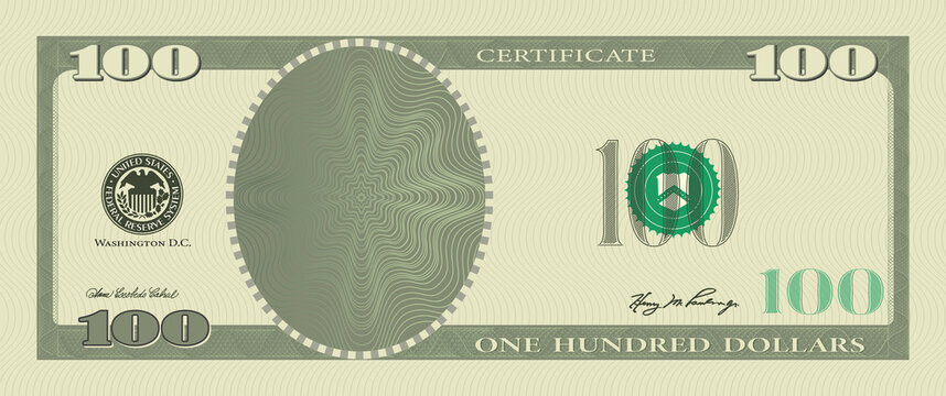 Voucher template banknote 100 dollars with guilloche pattern watermarks and border. Green background banknote, gift voucher, coupon, money, currency,check, cheque, reward, certificate vector design.